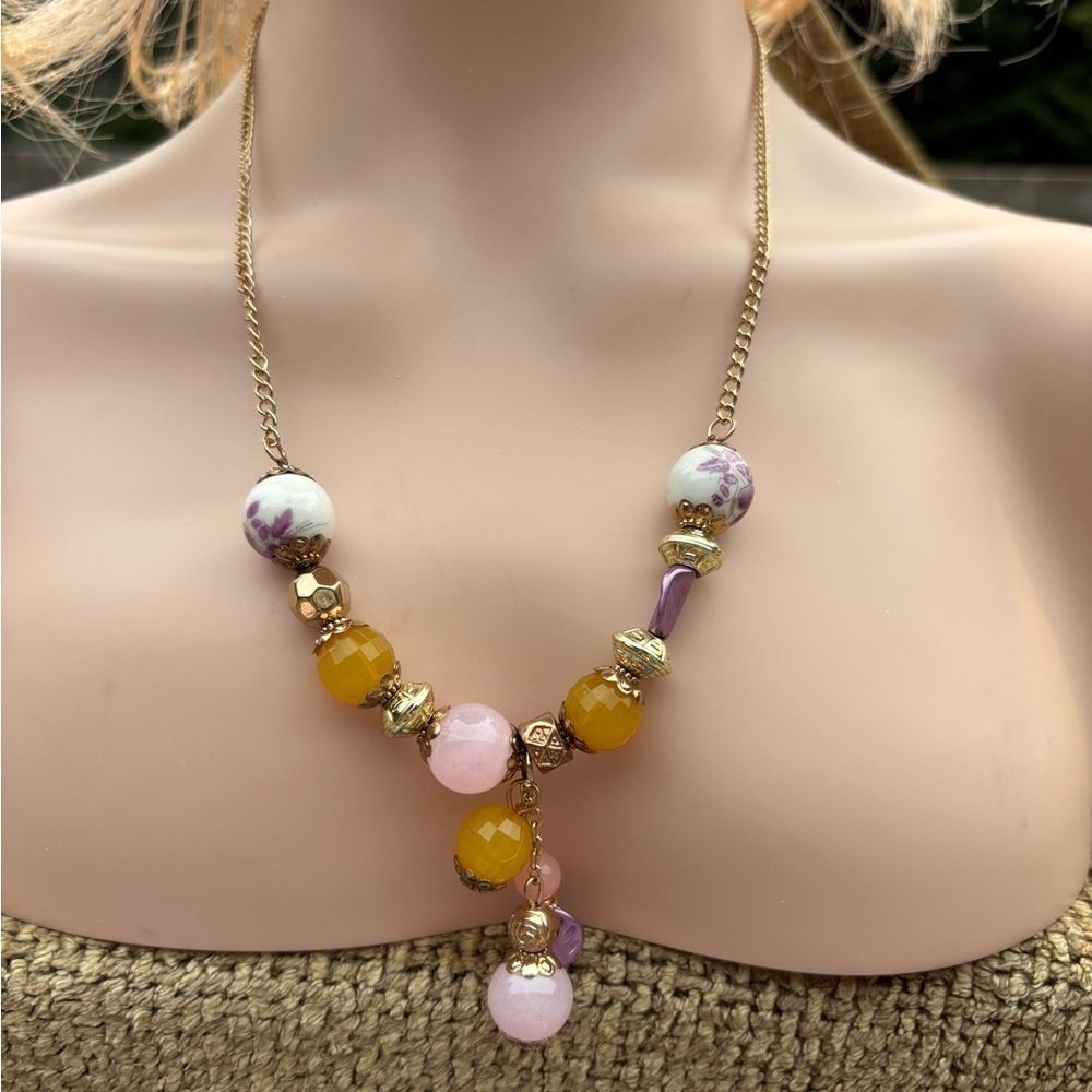 Beautiful Beaded Statement Necklace - Pink, Yellow, Purple, Gold